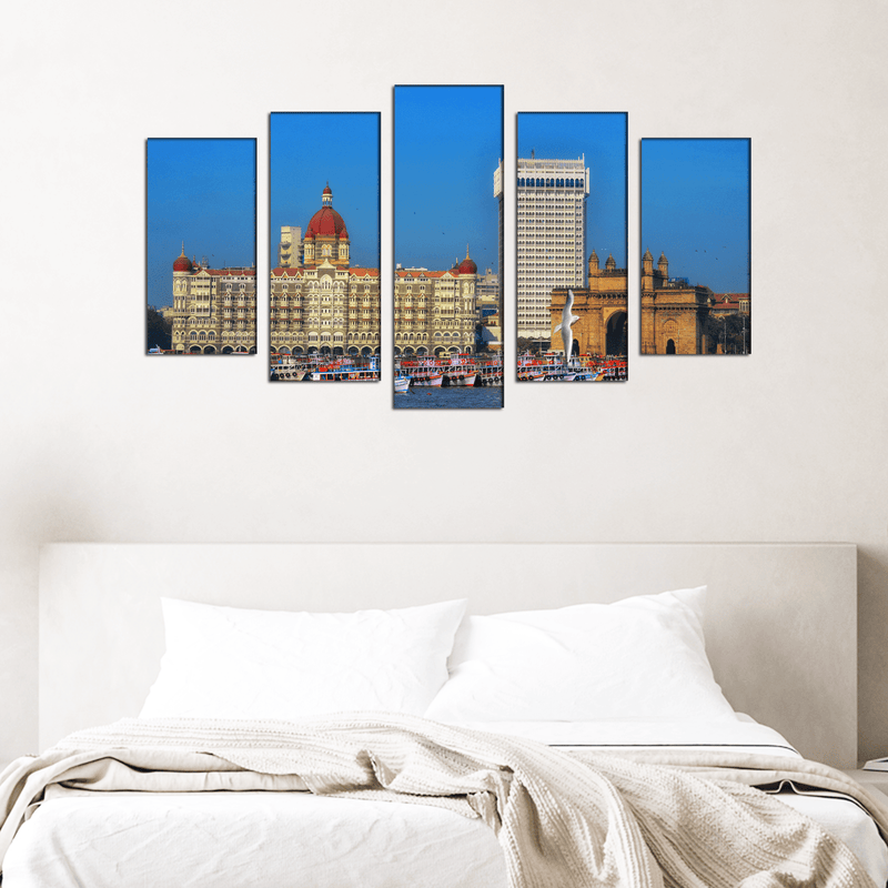 DECORGLANCE Panel painting Panoramic View Of Hotel Taj Canvas Wall Painting- With 5 Frames