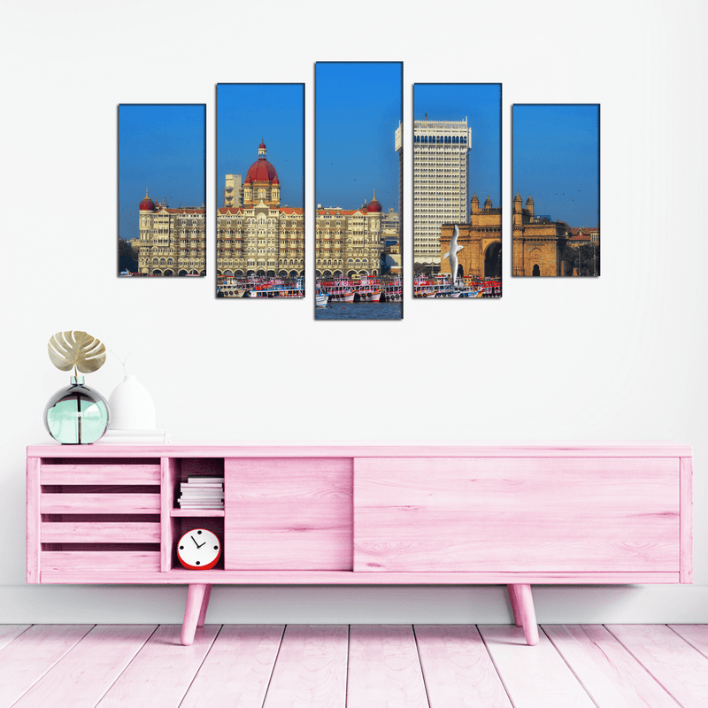 DECORGLANCE Panel painting Panoramic View Of Hotel Taj Canvas Wall Painting- With 5 Frames