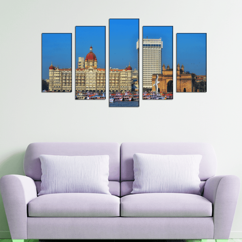 DECORGLANCE Panel painting Panoramic View Of Hotel Taj Canvas Wall Painting- With 5 Frames