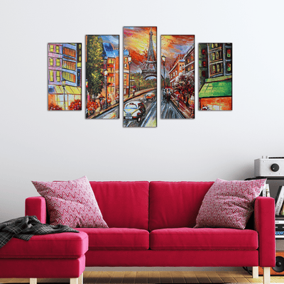 DECORGLANCE Panel painting Paris Scenery Artistic Wood Framed Canvas Wall Painting- With 5 Frames