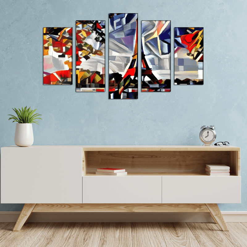 DECORGLANCE Panel painting Patch Art Eiffel Tower Canvas Wall Painting- With 5 Frames