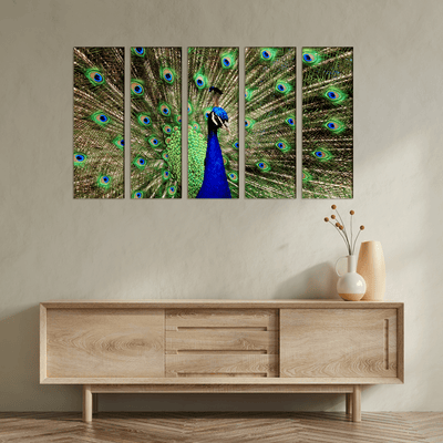 DECORGLANCE Panel painting Peacock Dancing Canvas Wall Painting- With 5 Frames