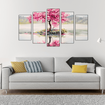 DECORGLANCE Panel painting Pink Flowers Tree Abstract Art Canvas Wall Painting- With 5 Frames