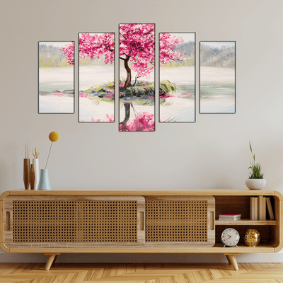 DECORGLANCE Panel painting Pink Flowers Tree Abstract Art Canvas Wall Painting- With 5 Frames