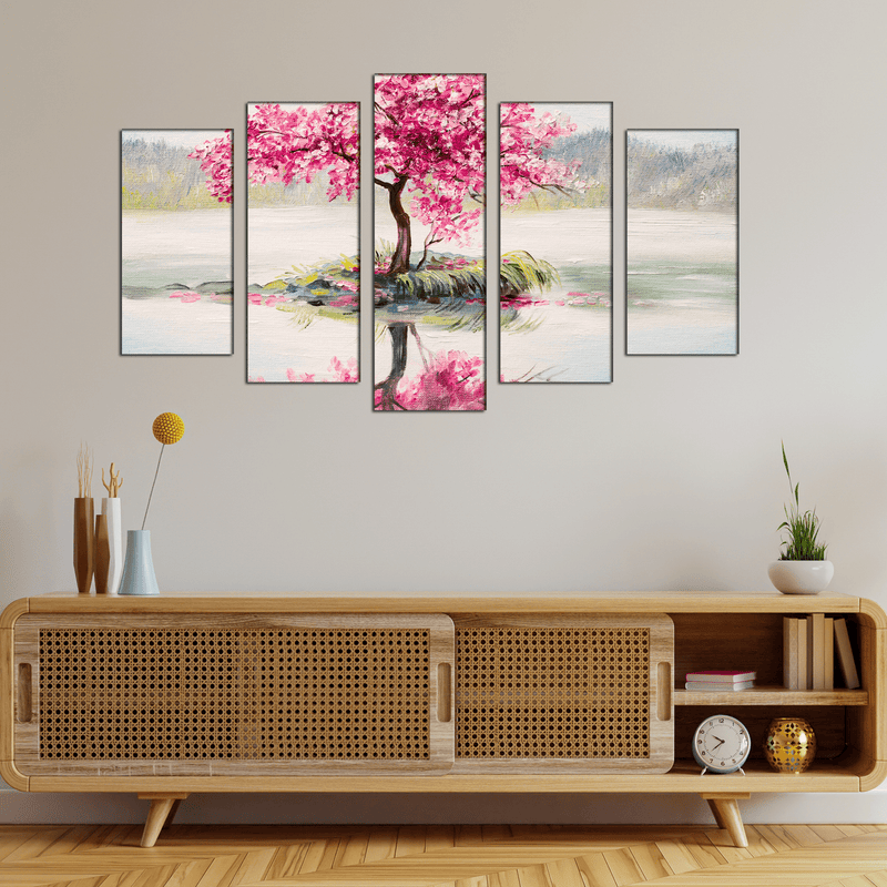 DECORGLANCE Panel painting Pink Flowers Tree Abstract Art Canvas Wall Painting- With 5 Frames