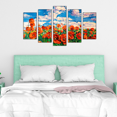 DECORGLANCE Panel painting Poppy Flower Garden Canvas Wall Painting- With 5 Frames