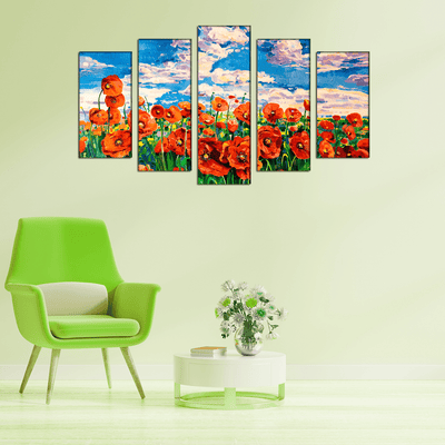 DECORGLANCE Panel painting Poppy Flower Garden Canvas Wall Painting- With 5 Frames