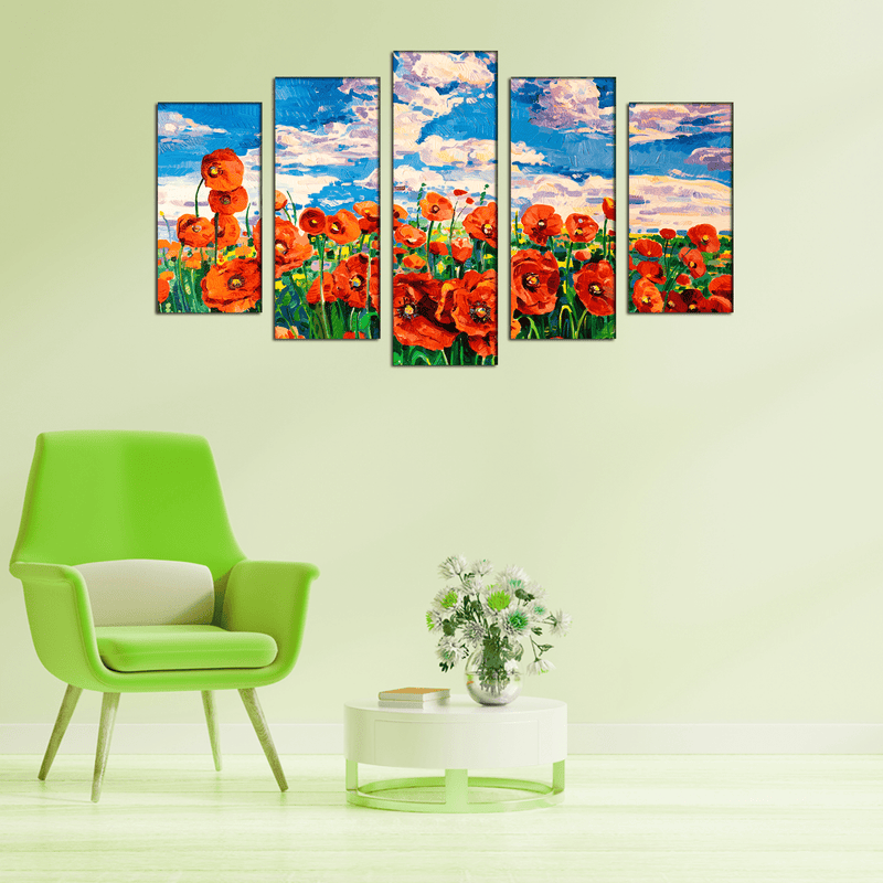 DECORGLANCE Panel painting Poppy Flower Garden Canvas Wall Painting- With 5 Frames