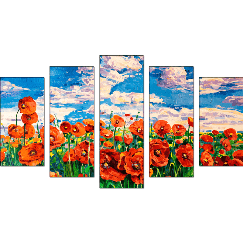 DECORGLANCE Panel painting Poppy Flower Garden Canvas Wall Painting- With 5 Frames