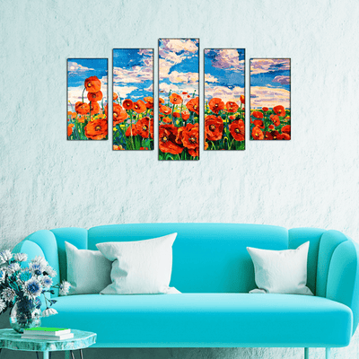 DECORGLANCE Panel painting Poppy Flower Garden Canvas Wall Painting- With 5 Frames