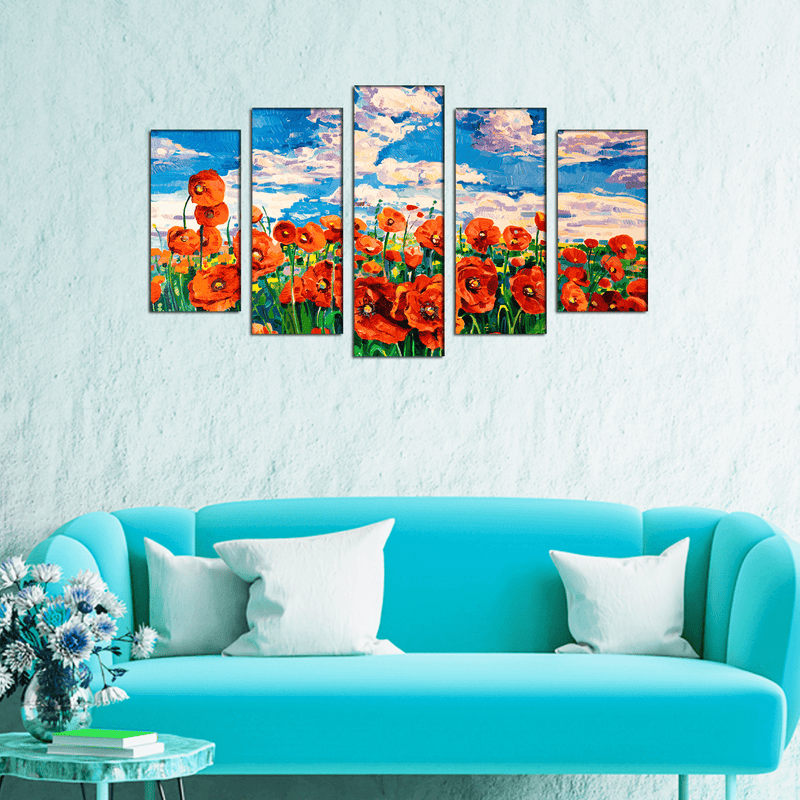 DECORGLANCE Panel painting Poppy Flower Garden Canvas Wall Painting- With 5 Frames