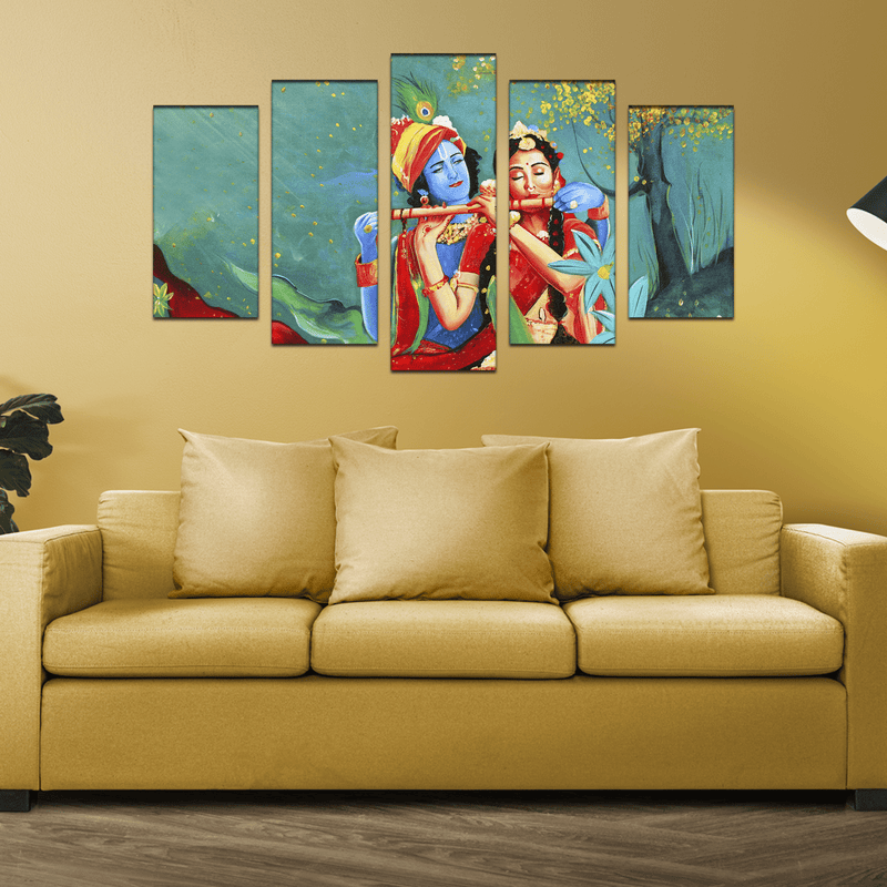 DECORGLANCE Panel painting Radha Krishna Canvas Wall Painting- With 5 Frames