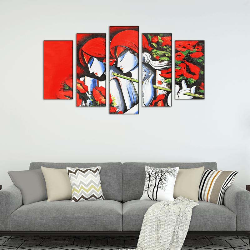 DECORGLANCE Panel painting Radha Krishna Modern Abstract Art Wood Framed Canvas Wall Painting- With 5 Frames