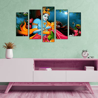 DECORGLANCE Panel painting Radha Krishna Raasleela View Canvas Wall Painting- With 5 Frames