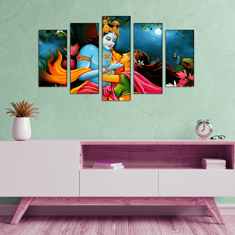 DECORGLANCE Panel painting Radha Krishna Raasleela View Canvas Wall Painting- With 5 Frames
