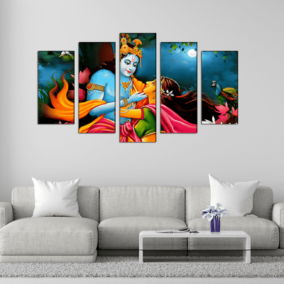 DECORGLANCE Panel painting Radha Krishna Raasleela View Canvas Wall Painting- With 5 Frames