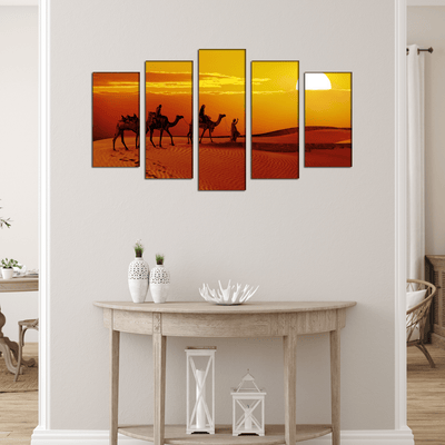 DECORGLANCE Panel painting Rajasthani Camel Sunset Abstract Canvas Wall Painting- With 5 Frames