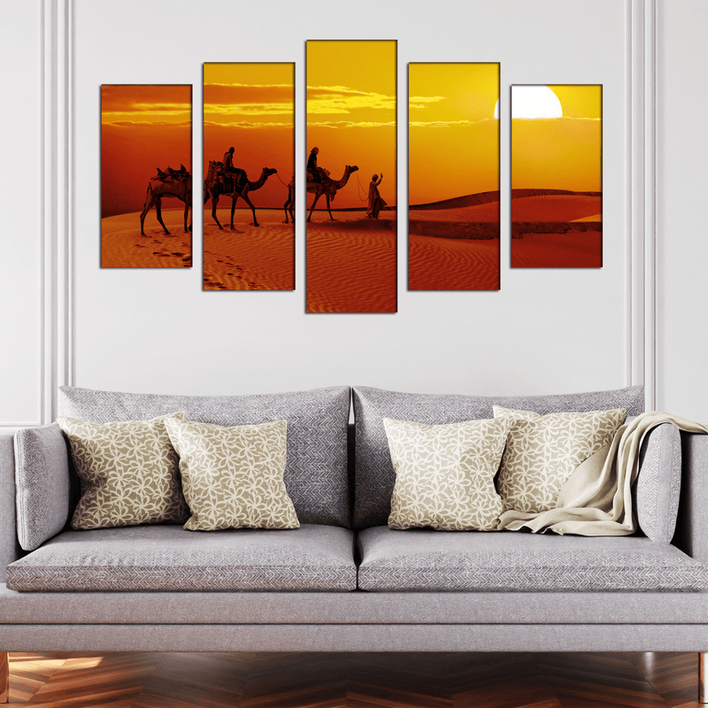 DECORGLANCE Panel painting Rajasthani Camel Sunset Abstract Canvas Wall Painting- With 5 Frames