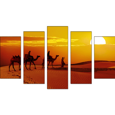 DECORGLANCE Panel painting Rajasthani Camel Sunset Abstract Canvas Wall Painting- With 5 Frames
