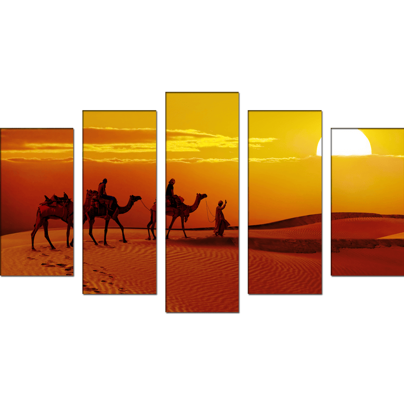 DECORGLANCE Panel painting Rajasthani Camel Sunset Abstract Canvas Wall Painting- With 5 Frames
