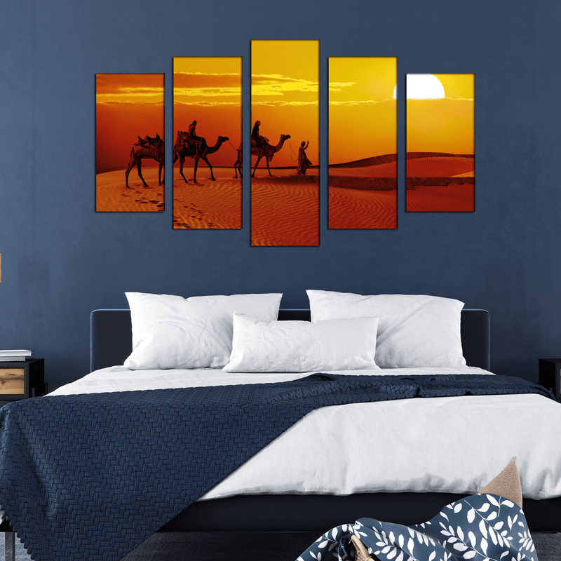 DECORGLANCE Panel painting Rajasthani Camel Sunset Abstract Canvas Wall Painting- With 5 Frames