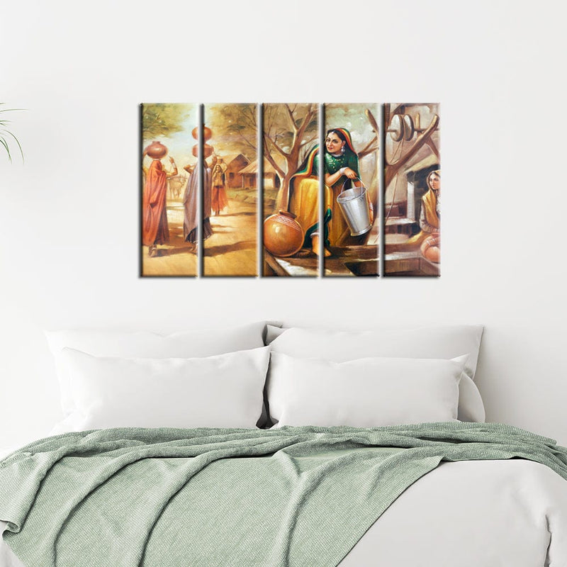 DECORGLANCE Panel painting Panel Painting Rajasthani Village View Wall Painting- With 5 Frames