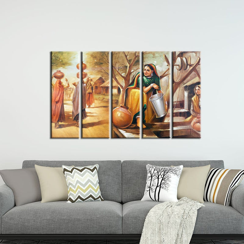 DECORGLANCE Panel painting Panel Painting Rajasthani Village View Wall Painting- With 5 Frames