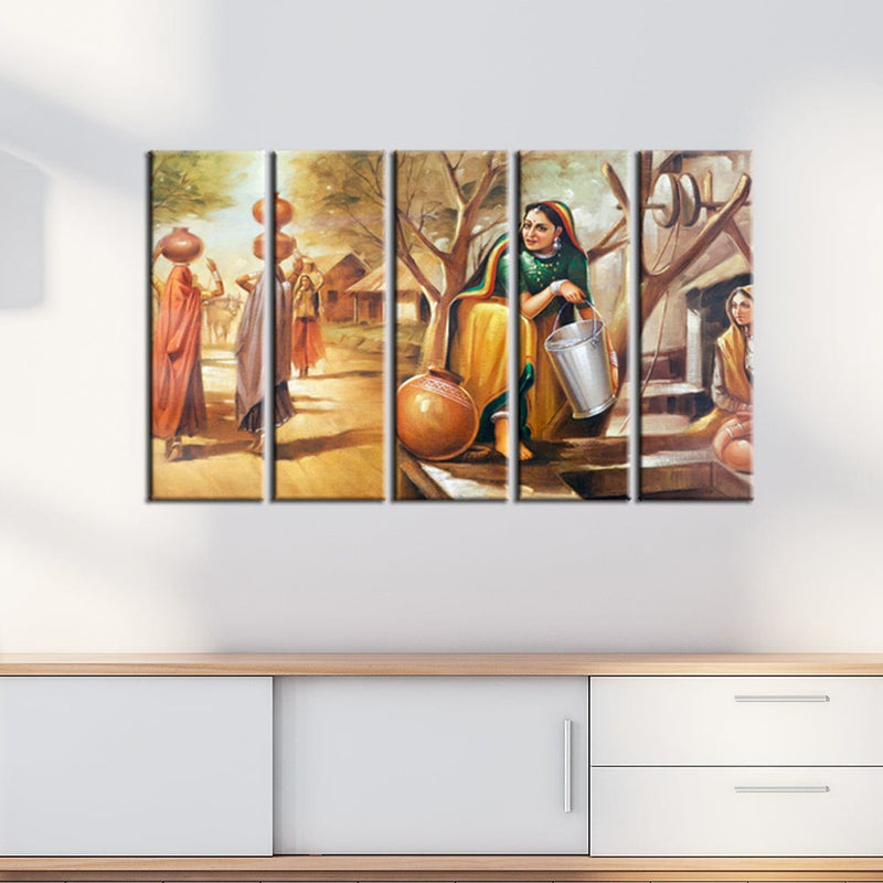 DECORGLANCE Panel painting Panel Painting Rajasthani Village View Wall Painting- With 5 Frames