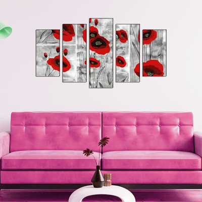 DECORGLANCE Panel painting Red Poppy Abstract Art Canvas Wall Painting- With 5 Frames