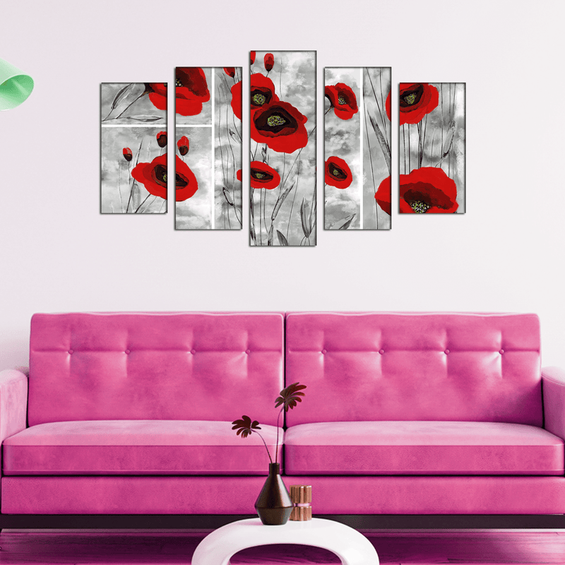 DECORGLANCE Panel painting Red Poppy Abstract Art Canvas Wall Painting- With 5 Frames