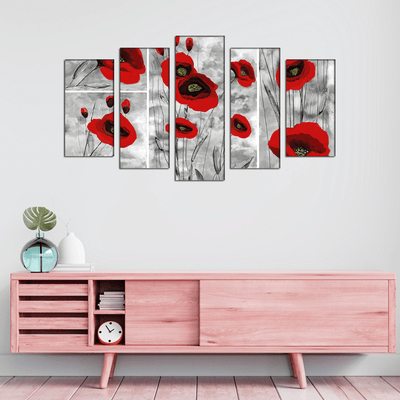 DECORGLANCE Panel painting Red Poppy Abstract Art Canvas Wall Painting- With 5 Frames
