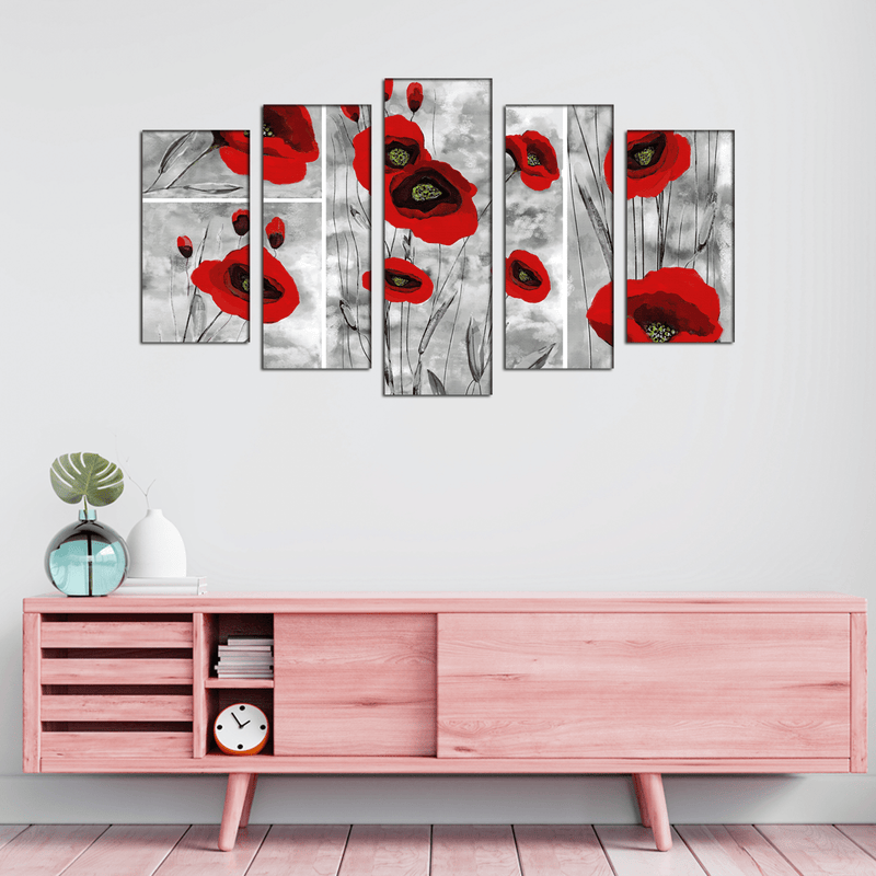 DECORGLANCE Panel painting Red Poppy Abstract Art Canvas Wall Painting- With 5 Frames