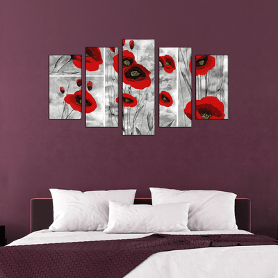 DECORGLANCE Panel painting Red Poppy Abstract Art Canvas Wall Painting- With 5 Frames