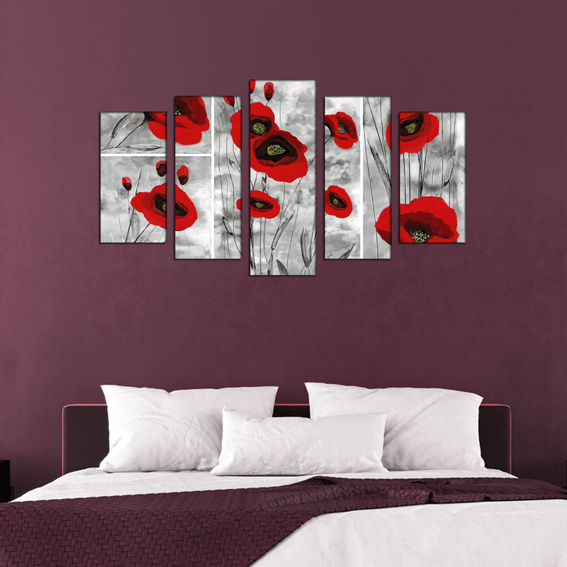 DECORGLANCE Panel painting Red Poppy Abstract Art Canvas Wall Painting- With 5 Frames