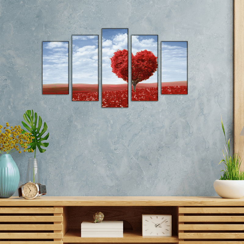 DECORGLANCE Panel painting Red Tree In The Shape Of Heart Canvas Wall Painting- With 5 Frames