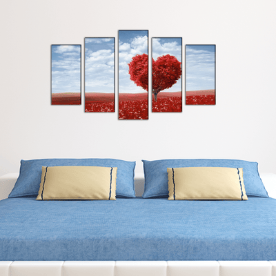 DECORGLANCE Panel painting Red Tree In The Shape Of Heart Canvas Wall Painting- With 5 Frames