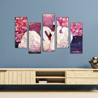 DECORGLANCE Panel painting Romantic Couple of Swans Canvas Wall Painting - With 5 Frames