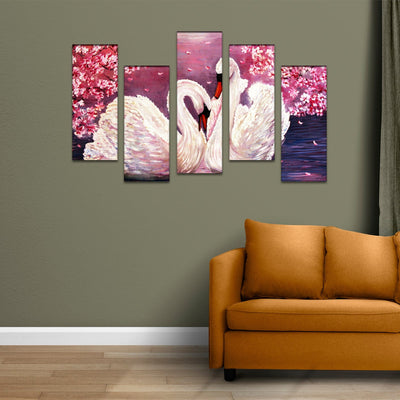 DECORGLANCE Panel painting Romantic Couple of Swans Canvas Wall Painting - With 5 Frames