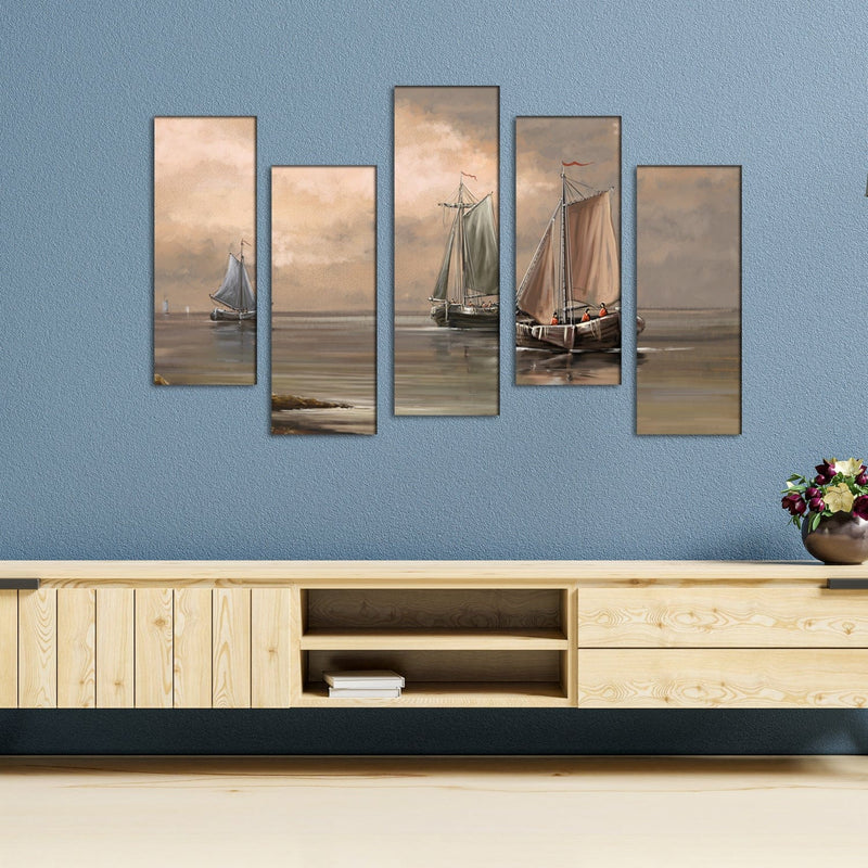 DECORGLANCE Panel painting Row Boat Canvas Panel Wall Painting - With 5 Frames