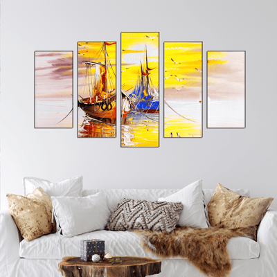 DECORGLANCE Panel painting Sailing Boat Canvas Wall Painting- With 5 Frames