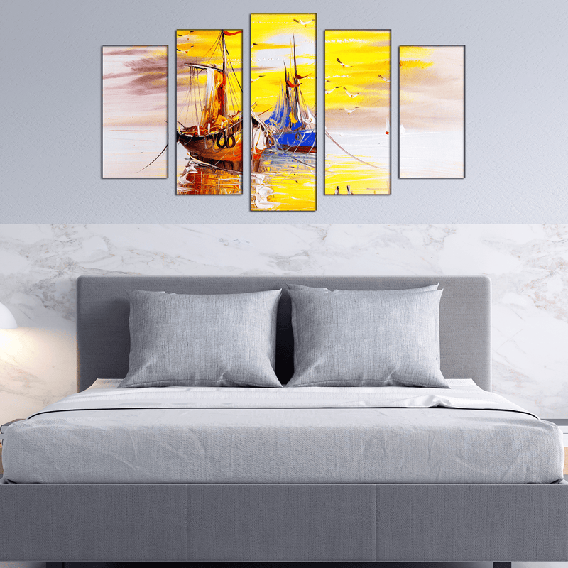 DECORGLANCE Panel painting Sailing Boat Canvas Wall Painting- With 5 Frames
