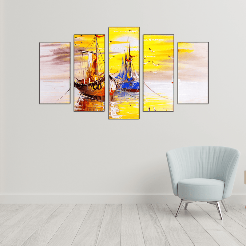DECORGLANCE Panel painting Sailing Boat Canvas Wall Painting- With 5 Frames