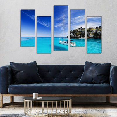 DECORGLANCE Panel painting Sea & Boat Scenery Canvas Wall Painting - With 5 Frames