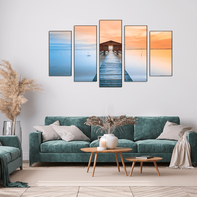 DECORGLANCE Panel painting Seaside Bridge In Sunset Canvas Panel Wall Painting - With 5 Frames