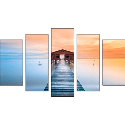DECORGLANCE Panel painting Seaside Bridge In Sunset Canvas Panel Wall Painting - With 5 Frames