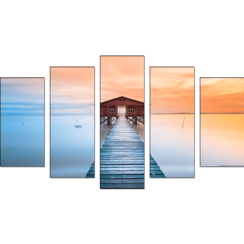 DECORGLANCE Panel painting Seaside Bridge In Sunset Canvas Panel Wall Painting - With 5 Frames