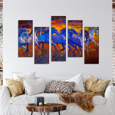 DECORGLANCE Panel painting Seven Horses Canvas Printed Panel Wall Painting - With 5 Frames