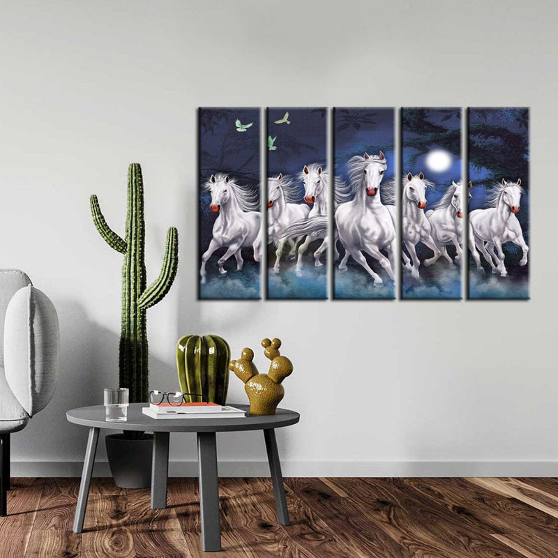DECORGLANCE Panel painting Panel Painting Seven Horses Running At Night Canvas Wall Painting- With 5 Frames