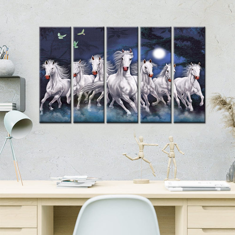 DECORGLANCE Panel painting Panel Painting Seven Horses Running At Night Canvas Wall Painting- With 5 Frames
