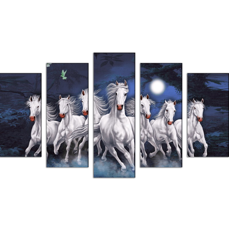 DECORGLANCE Panel painting Seven Horses Running At Night Canvas Wall Painting- With 5 Frames